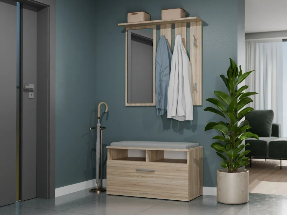 Appendiabiti a parete con specchio 85x82x15 cm rovere chiaro MIT7