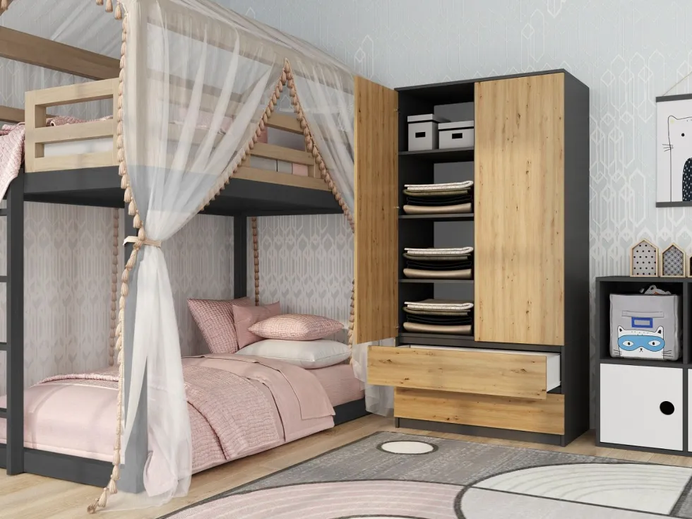 Armadio a 2 ante 90x180 cm con cassetti rovere e antracite AT10