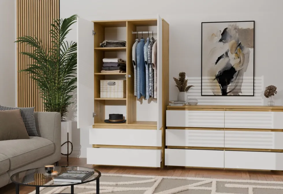 Armadio a 2 ante 90x180 cm con cassetti bianco e rovere AT10