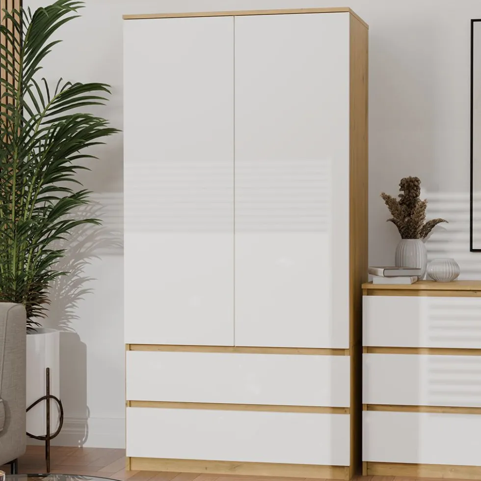 Armadio a 2 ante 90x180 cm con cassetti bianco e rovere AT10