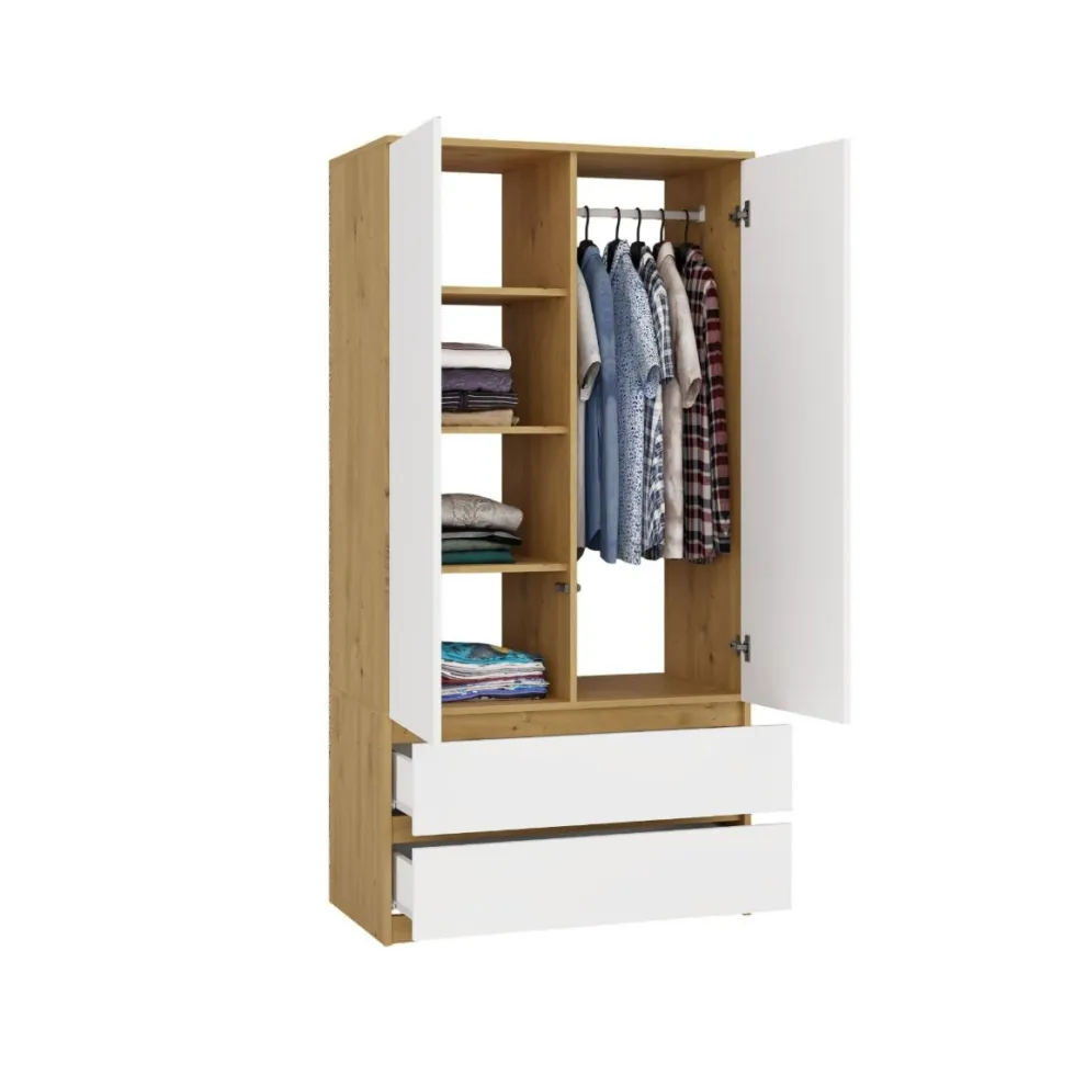 Armadio a 2 ante 90x180 cm con cassetti bianco e rovere AT10