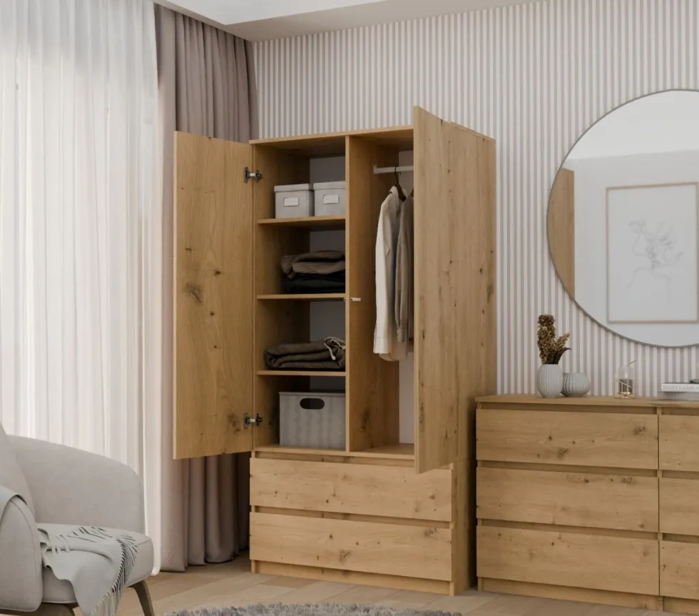 Armadio a 2 ante 90x180 cm con cassetti rovere AT10
