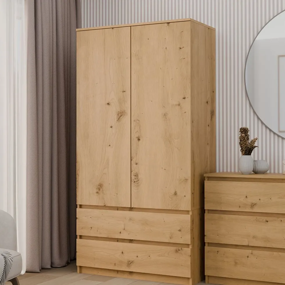 Armadio a 2 ante 90x180 cm con cassetti rovere AT10
