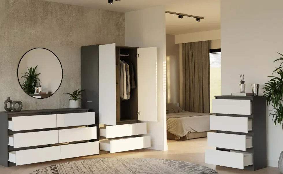 Armadio a 2 ante 90x180 cm con cassetti bianco e antracite AT10