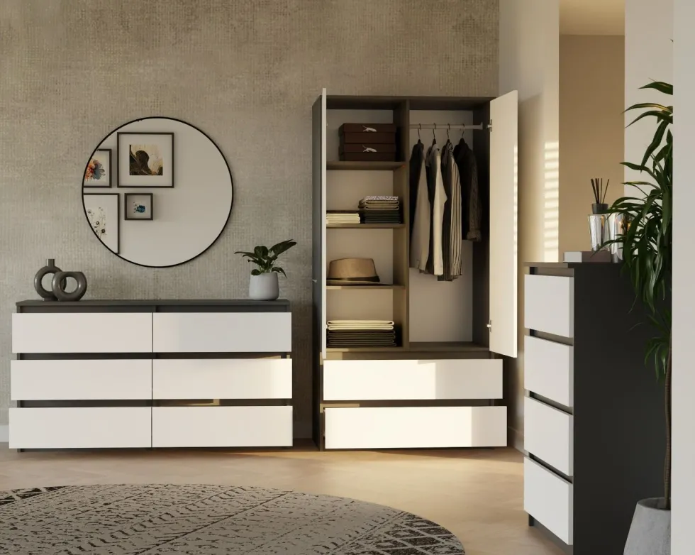 Armadio a 2 ante 90x180 cm con cassetti bianco e antracite AT10
