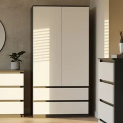 Armadio a 2 ante 90x180 cm con cassetti bianco e antracite AT10