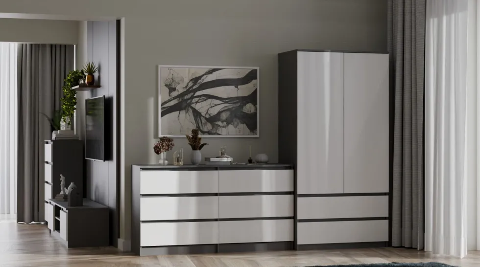 Armadio a 2 ante 90x180 cm con cassetti bianco e antracite AT10