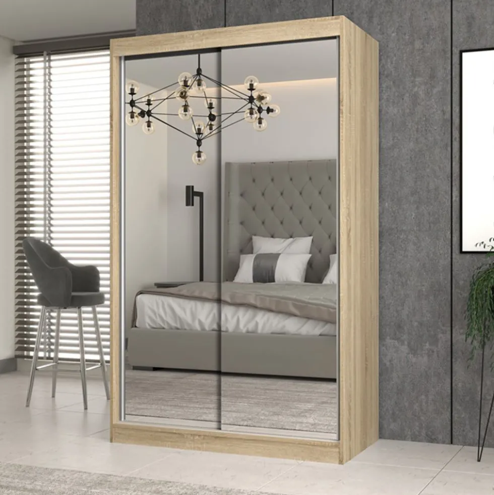 Armadio ad ante scorrevoli 120x200 cm specchiato rovere chiaro AT4