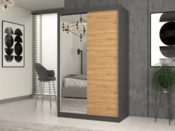 Armadio ad ante scorrevoli 120x200 cm con specchio rovere e antracite AT3