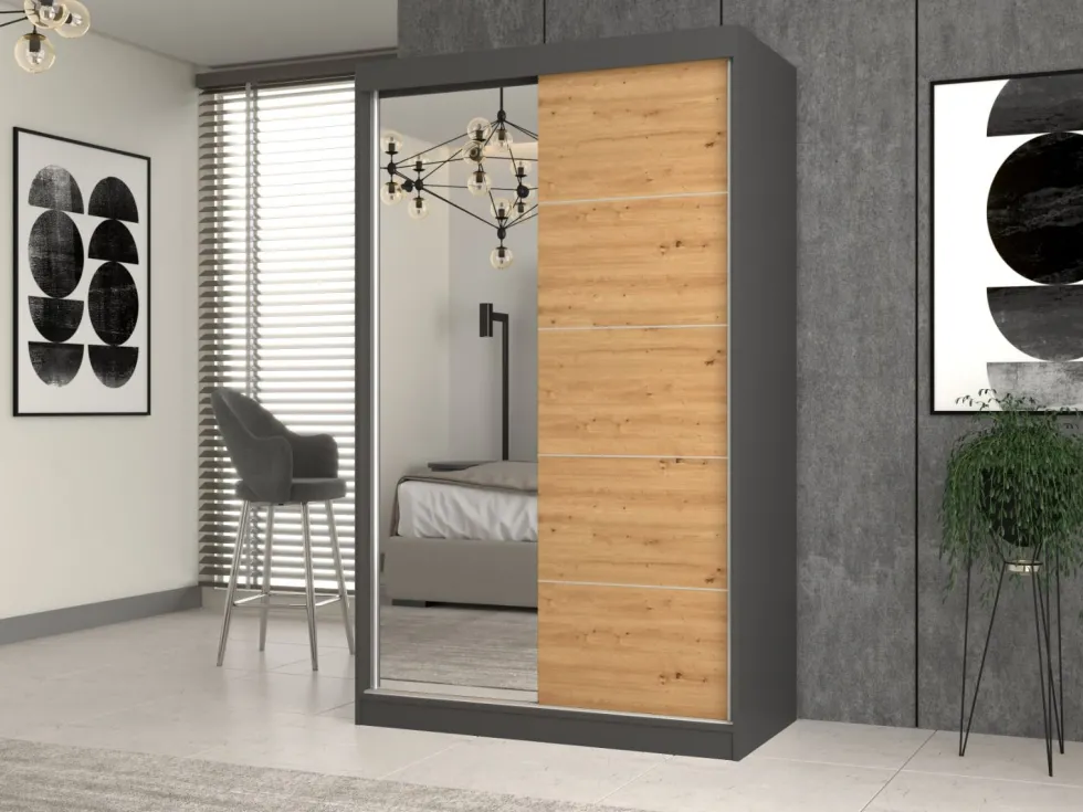 Armadio ad ante scorrevoli 120x200 cm con specchio rovere e antracite AT3
