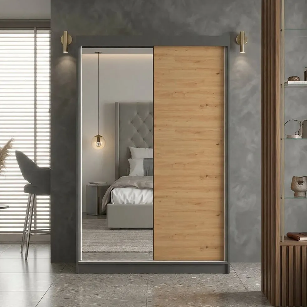 Armadio ad ante scorrevoli 120x200 cm con specchio rovere e antracite AT3