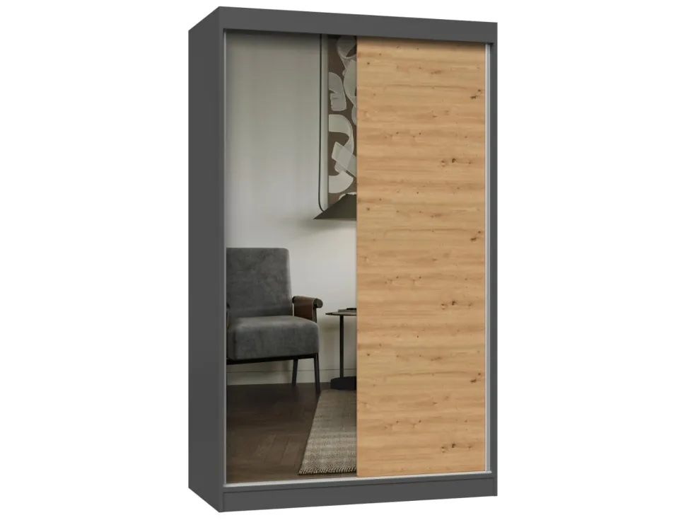 Armadio ad ante scorrevoli 120x200 cm con specchio rovere e antracite AT3