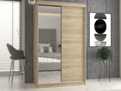 Armadio ad ante scorrevoli 120x200 cm con specchio rovere chiaro AT3