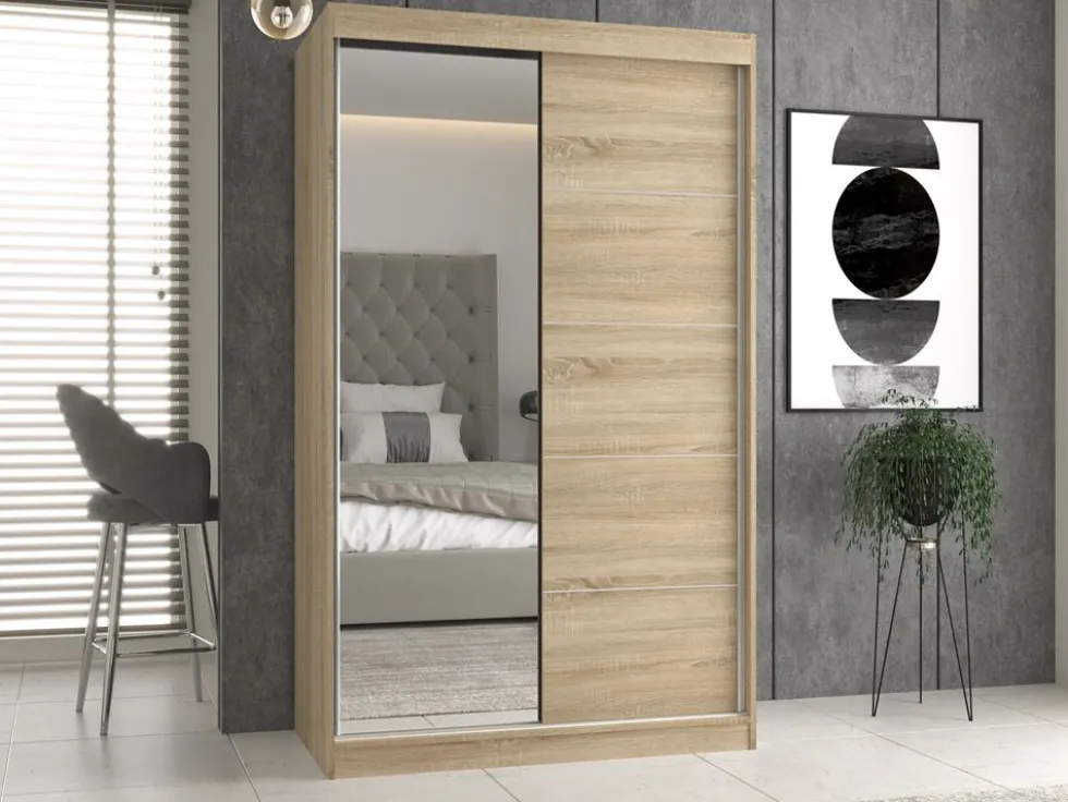Armadio ad ante scorrevoli 120x200 cm con specchio rovere chiaro AT3