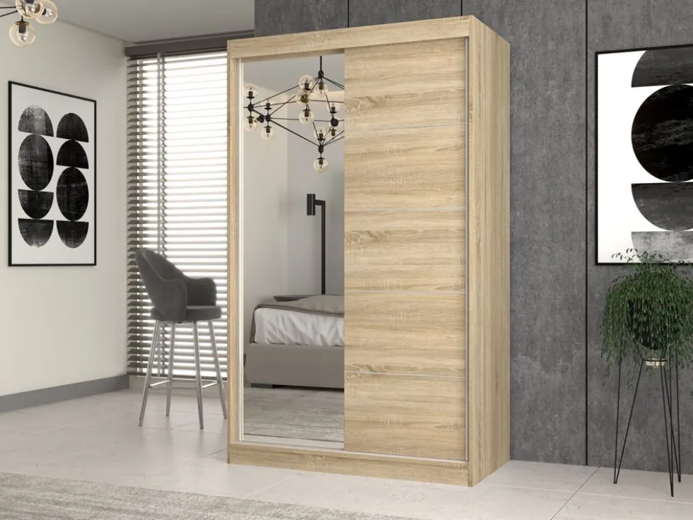 Armadio ad ante scorrevoli 120x200 cm con specchio rovere chiaro AT3