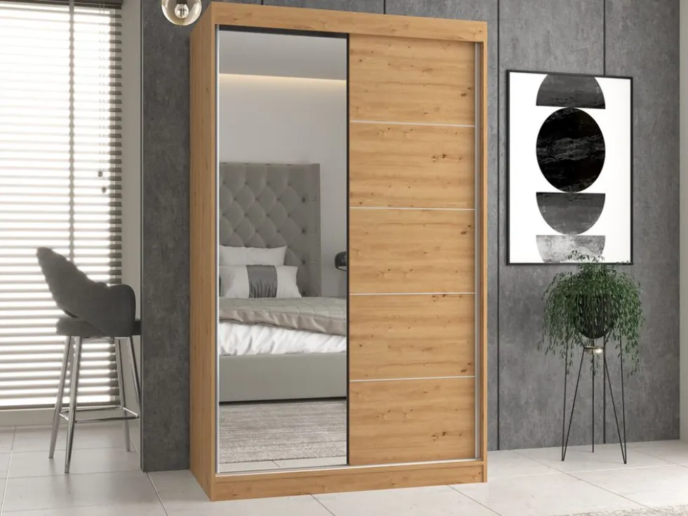 Armadio ad ante scorrevoli 120x200 cm con specchio rovere AT3