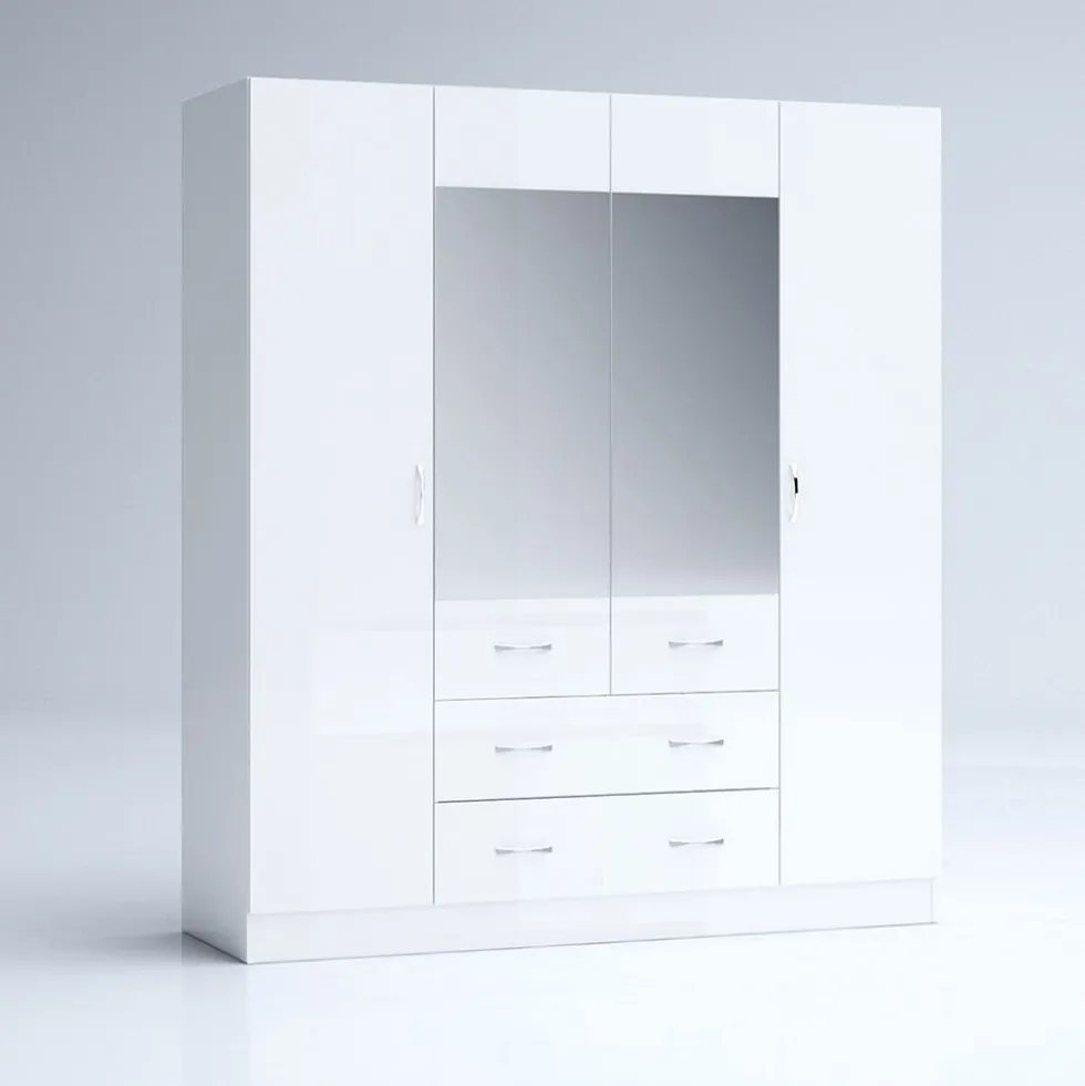 Armadio 4 ante battenti e 2 cassetti 160x181x52 cm bianco lucido AG49
