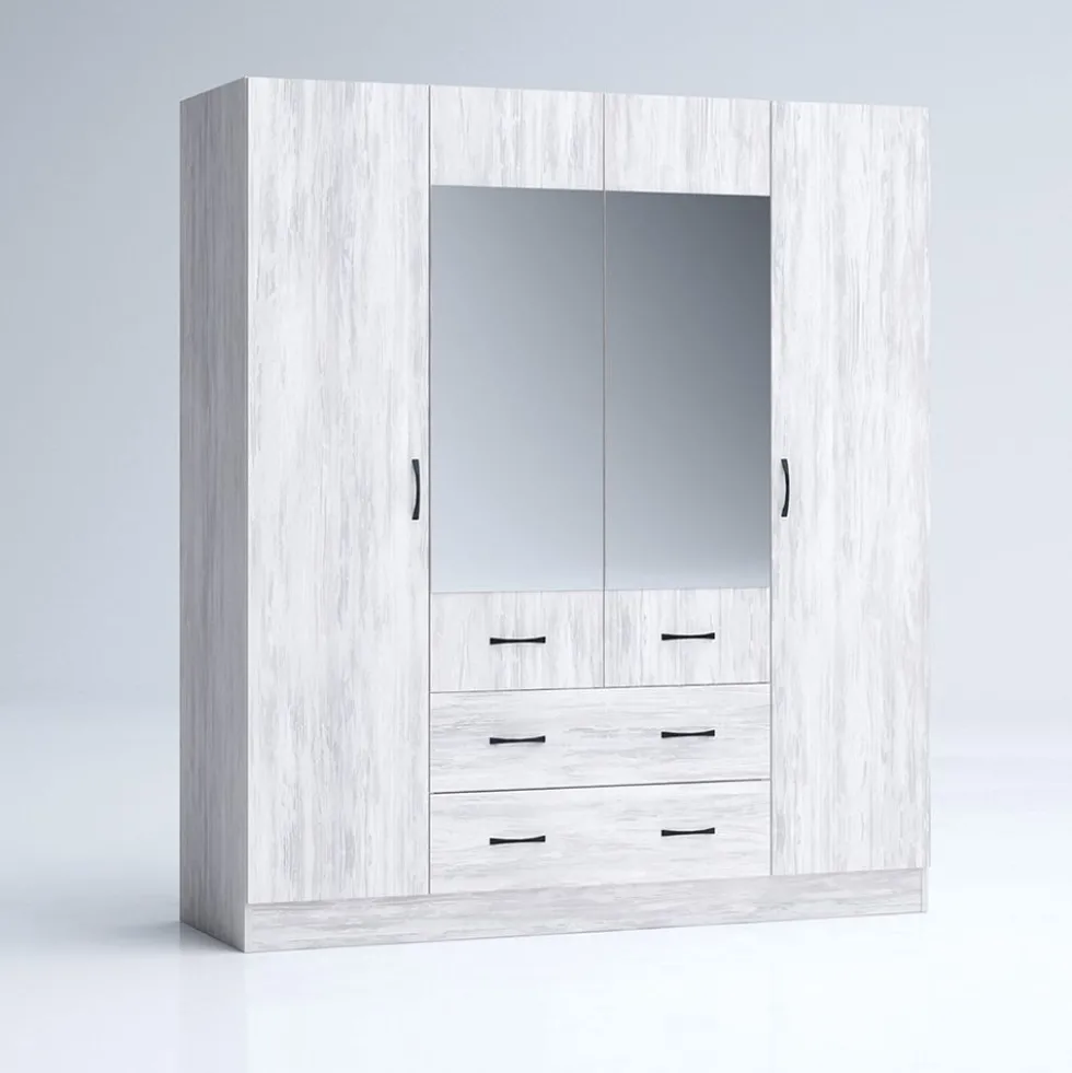 Armadio 4 ante battenti e 2 cassetti 160x181x52 cm bianco legno AG49