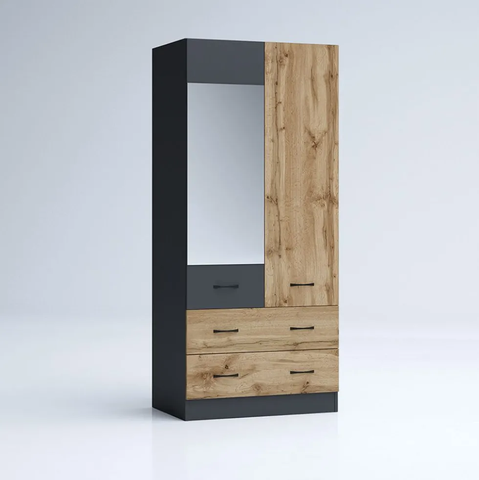 Armadio 2 ante battenti e 2 cassetti moderno 80x181x52 cm rovere e antracite AG50