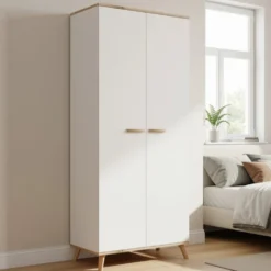 Armadio 2 ante battenti 80x195 cm con ripiani bianco e rovere AT24