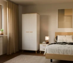 Armadio 2 ante battenti 80x195 cm con ripiani bianco e rovere AT24
