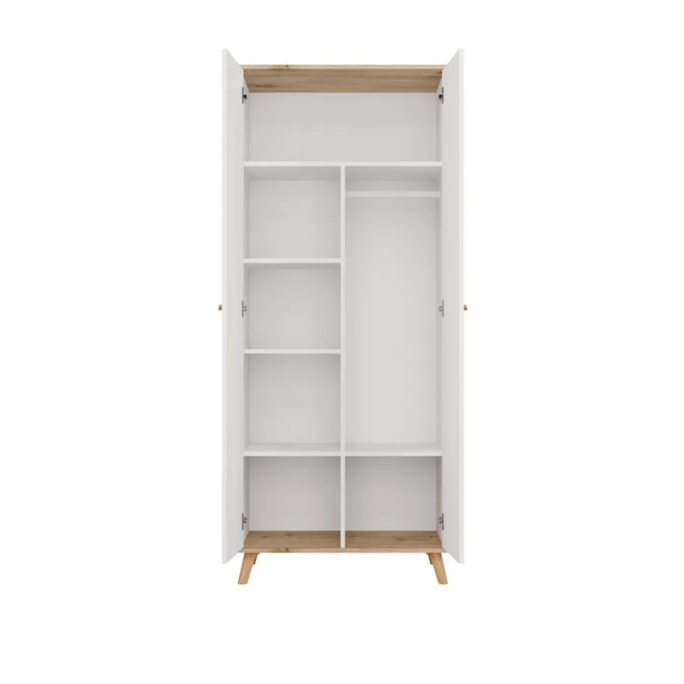 Armadio 2 ante battenti 80x195 cm con ripiani bianco e rovere AT24