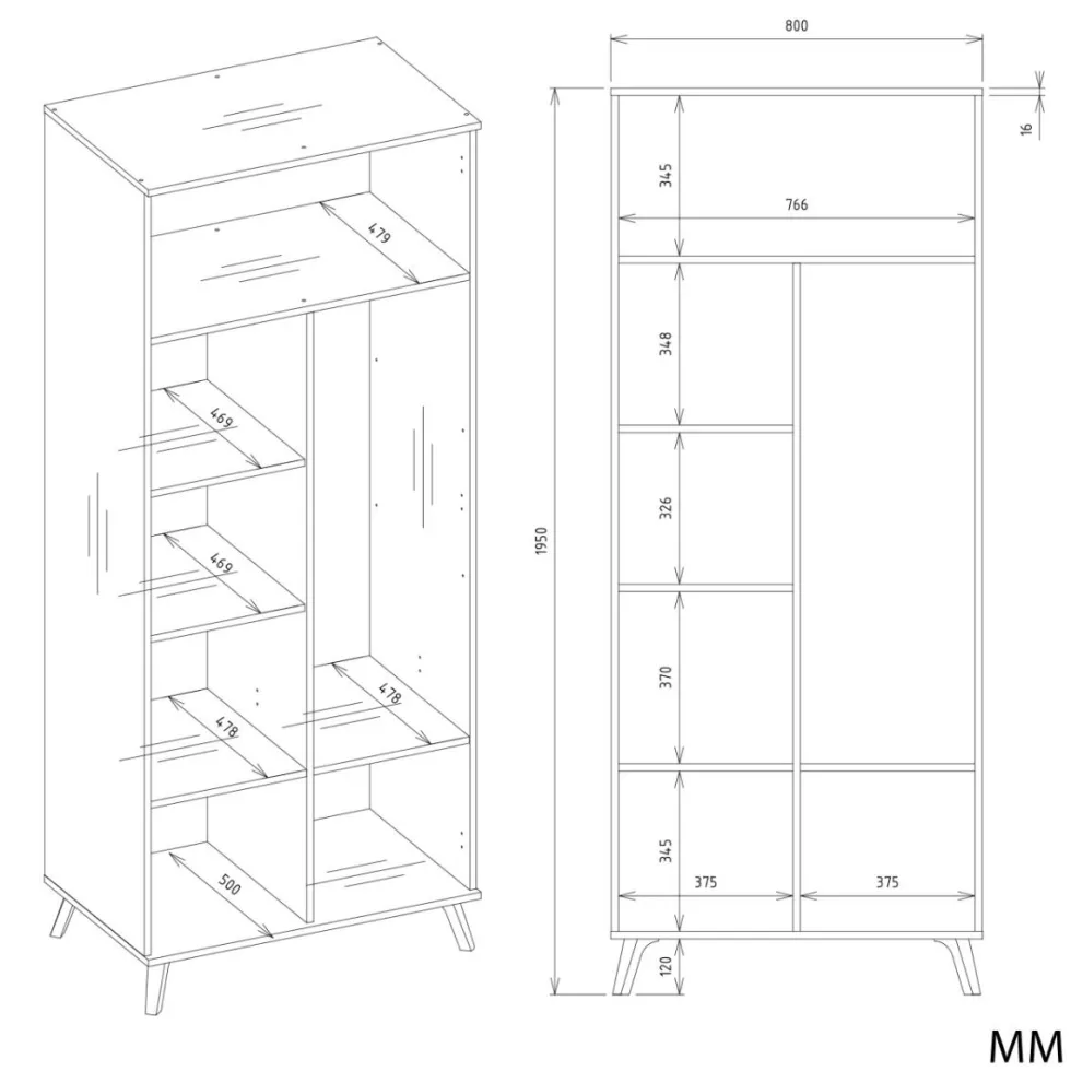Armadio 2 ante battenti 80x195 cm con ripiani bianco e rovere AT24