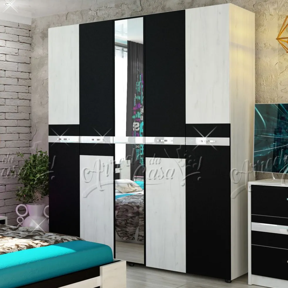 Armadio 4 ante bianco effetto legno e nero AU22