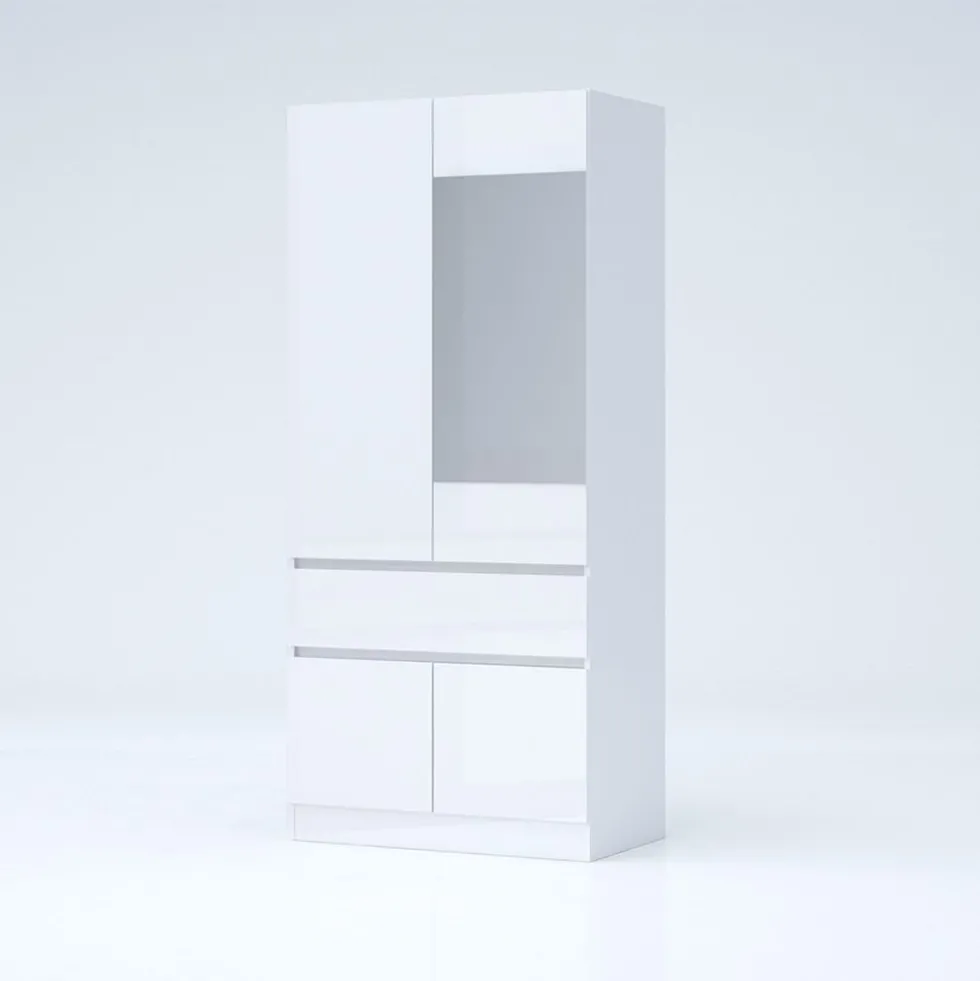 Armadio 4 ante e 1 cassetto 90x200x52 cm bianco lucido AG55