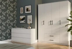 Armadio 4 ante 160x205 cm cassetti bianco opaco AT14
