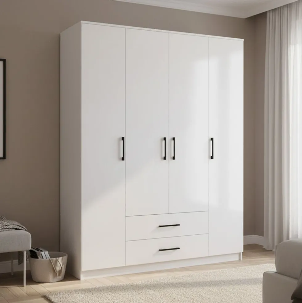Armadio 4 ante 160x205 cm cassetti bianco opaco AT14