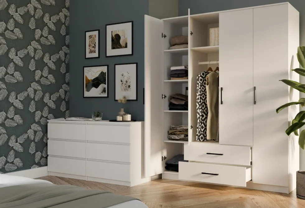 Armadio 4 ante 160x205 cm cassetti bianco opaco AT14