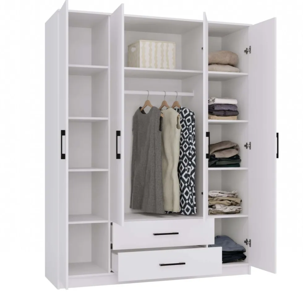 Armadio 4 ante 160x205 cm cassetti bianco opaco AT14