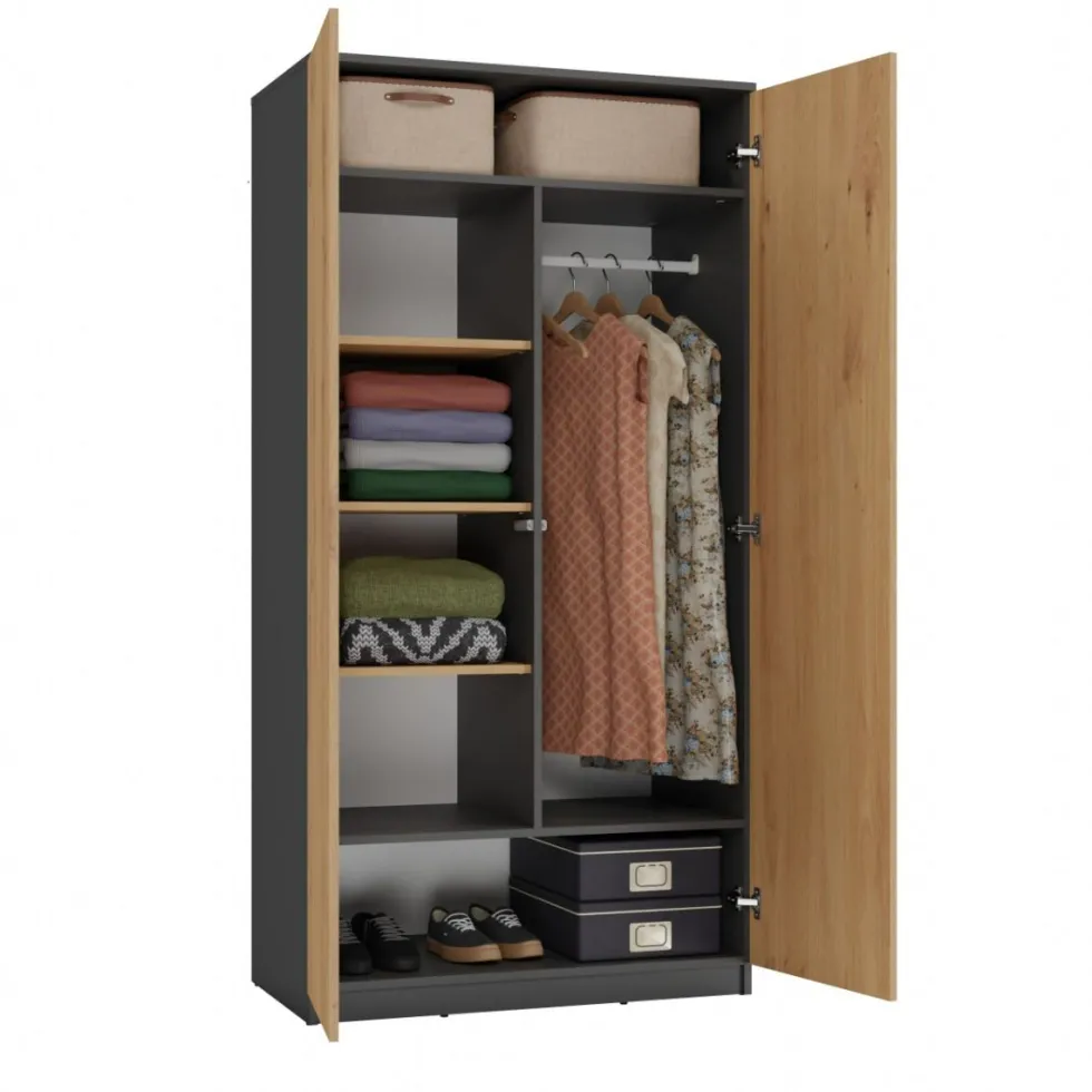 Armadio 2 ante 90x180 cm con ripiani interni rovere e antracite AT9