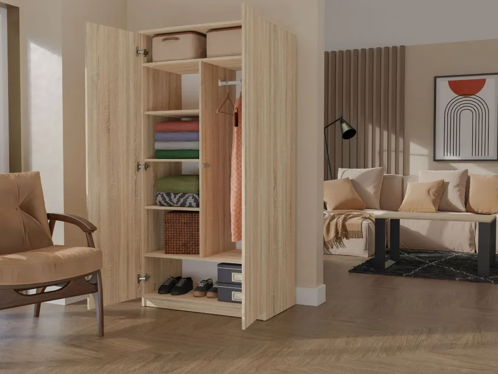 Armadio 2 ante 90x180 cm con ripiani interni rovere chiaro AT9