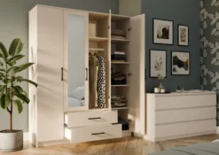 Armadio 4 ante 160x205 cm con specchio e cassetti beige cashmere AT15