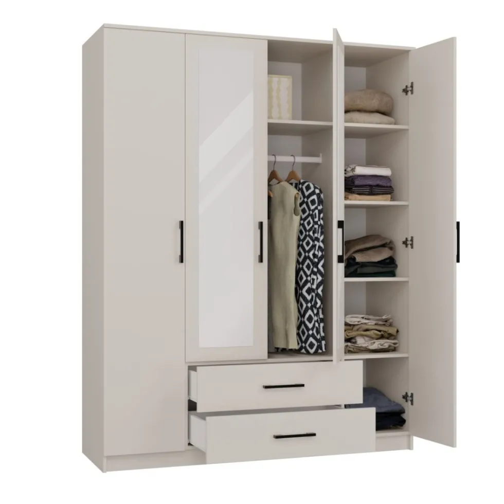 Armadio 4 ante 160x205 cm con specchio e cassetti beige cashmere AT15