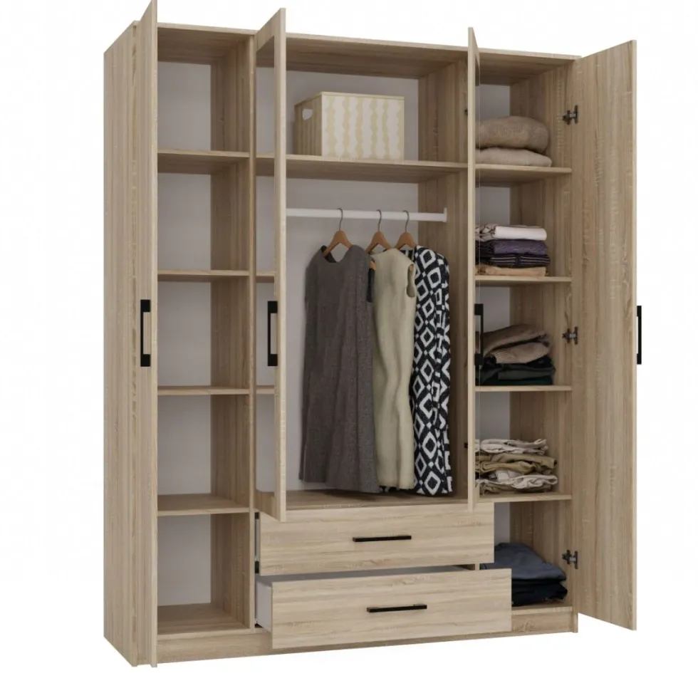 Armadio 4 ante 160x205 cm con specchio e cassetti rovere chiaro AT15
