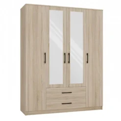 Armadio 4 ante 160x205 cm con specchio e cassetti rovere chiaro AT15