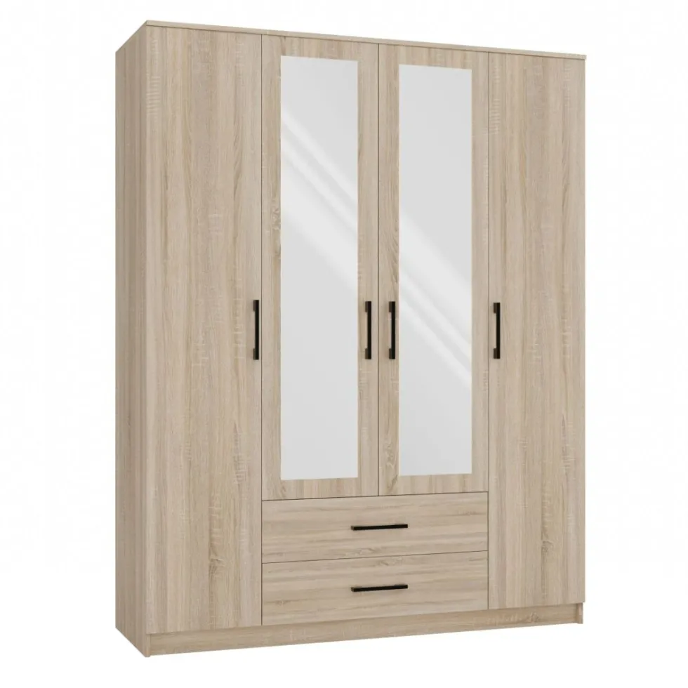 Armadio 4 ante 160x205 cm con specchio e cassetti rovere chiaro AT15