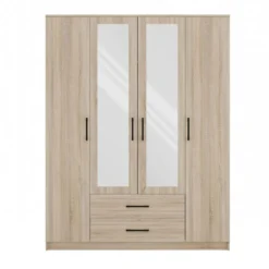 Armadio 4 ante 160x205 cm con specchio e cassetti rovere chiaro AT15