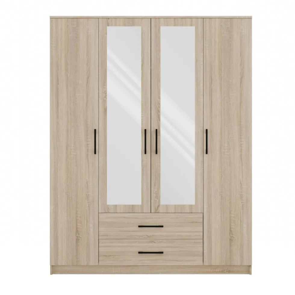 Armadio 4 ante 160x205 cm con specchio e cassetti rovere chiaro AT15