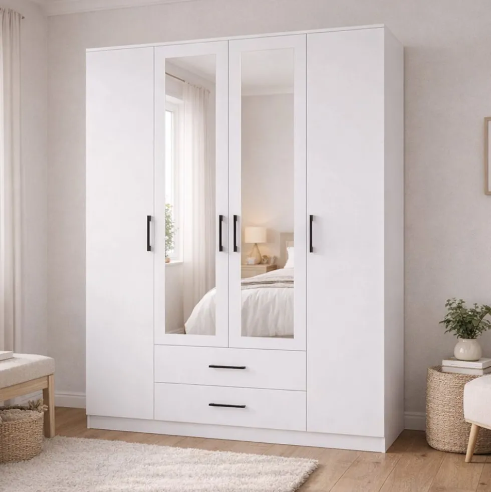 Armadio 4 ante 160x205 cm con specchio e cassetti bianco opaco AT15