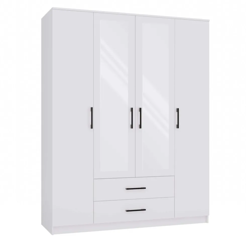 Armadio 4 ante 160x205 cm con specchio e cassetti bianco opaco AT15