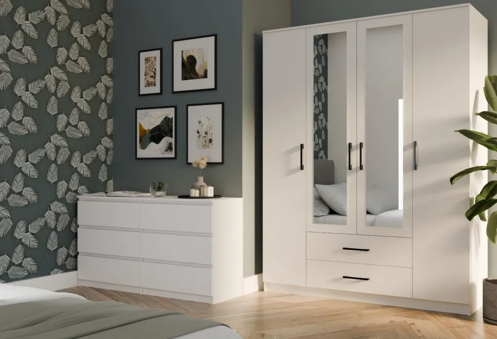 Armadio 4 ante 160x205 cm con specchio e cassetti bianco opaco AT15