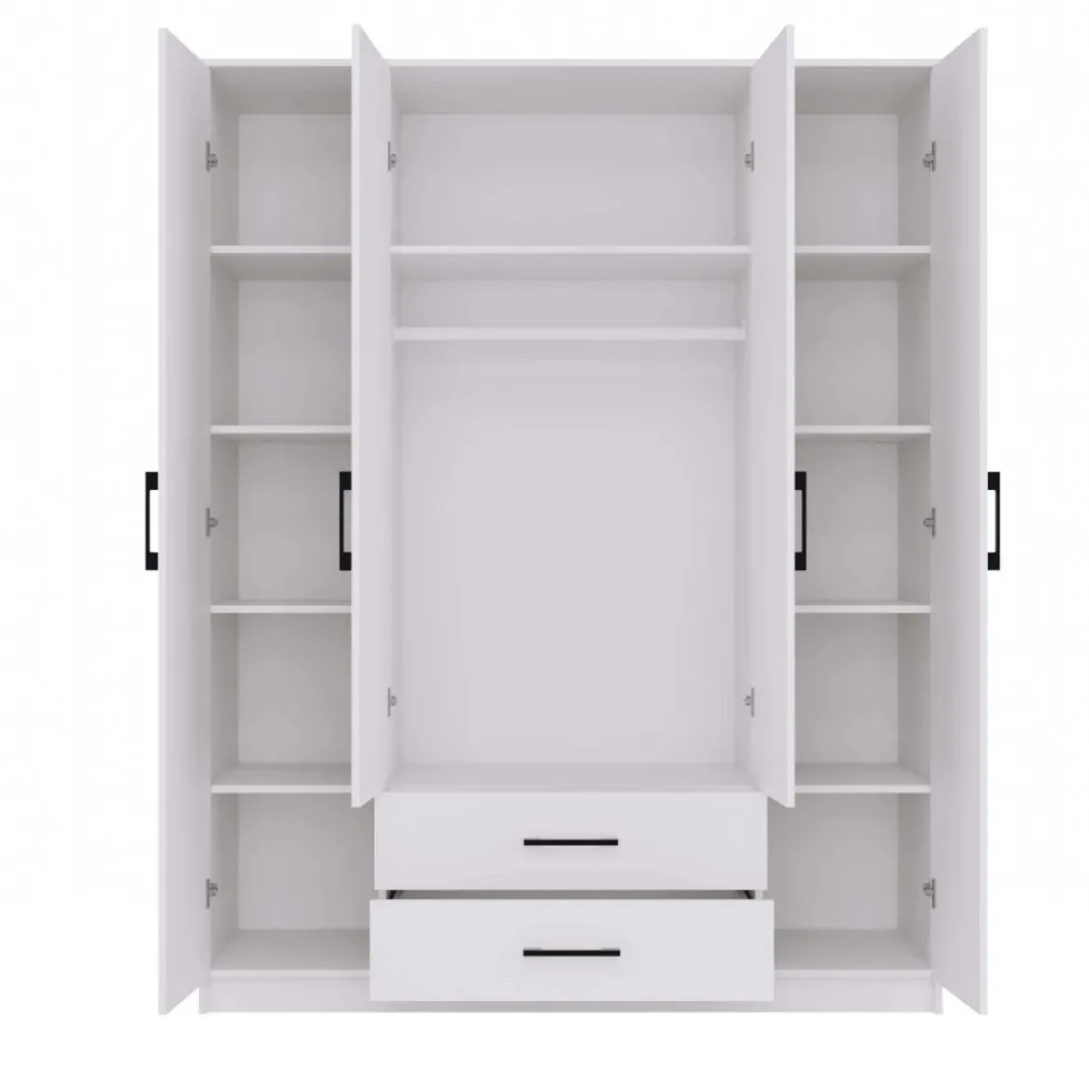 Armadio 4 ante 160x205 cm con specchio e cassetti bianco opaco AT15