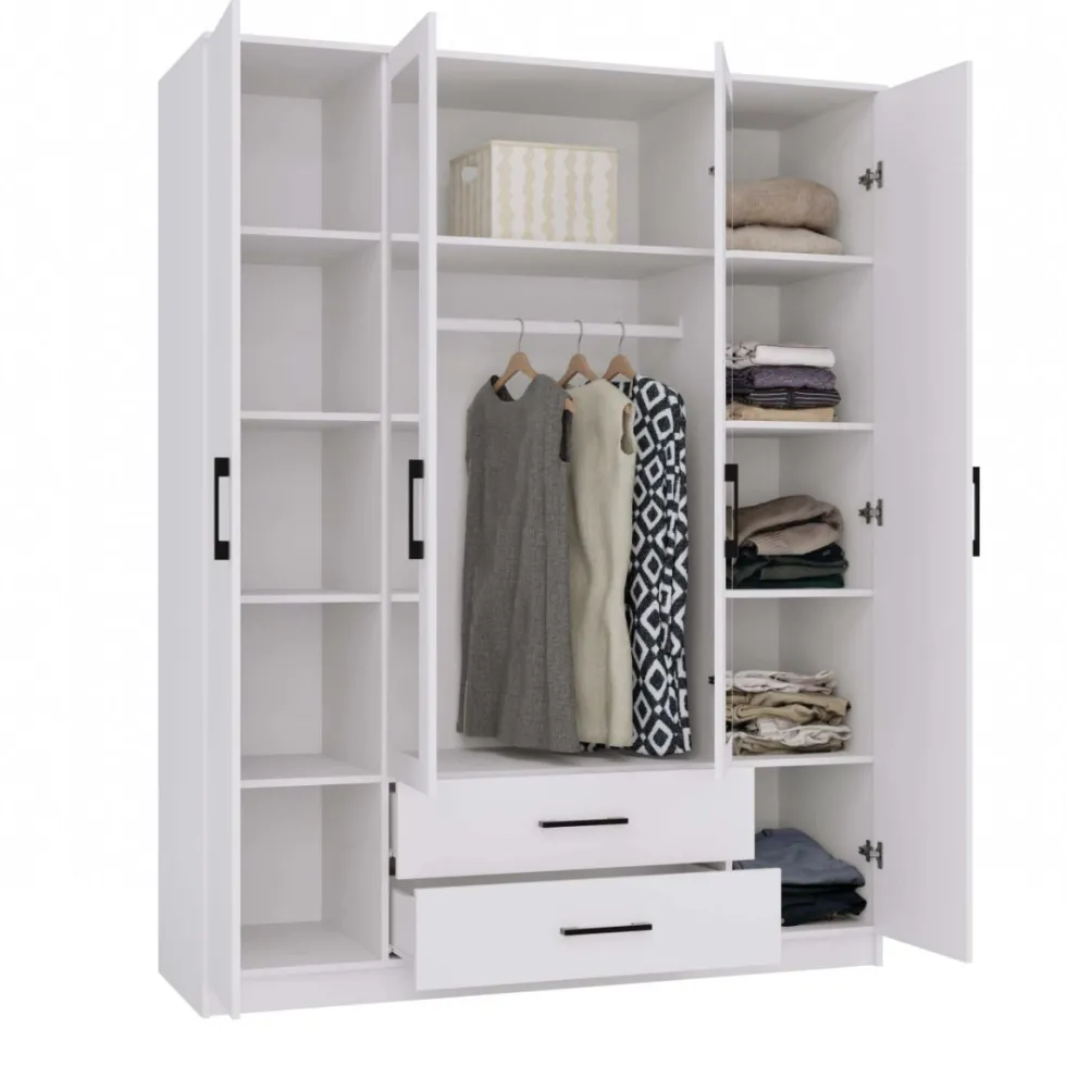 Armadio 4 ante 160x205 cm con specchio e cassetti bianco opaco AT15