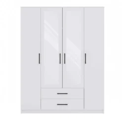 Armadio 4 ante 160x205 cm con specchio e cassetti bianco opaco AT15