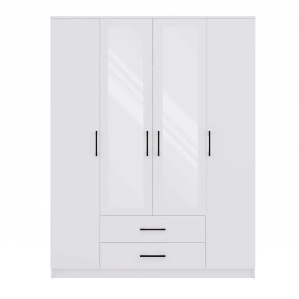 Armadio 4 ante 160x205 cm con specchio e cassetti bianco opaco AT15
