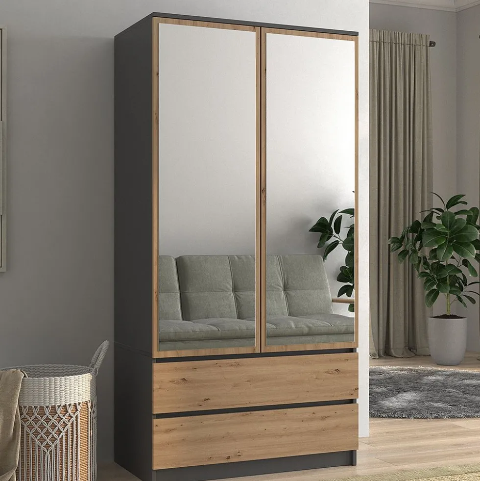 Armadio 2 ante 90x180 cm con specchio rovere e antracite AT11